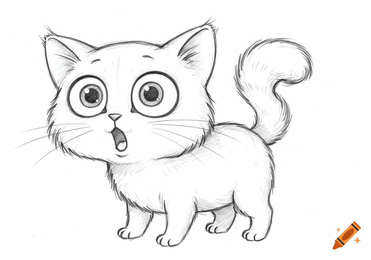 Pencil drawing of a cute cartoon cat with wide, shocked eyes and an open mouth.