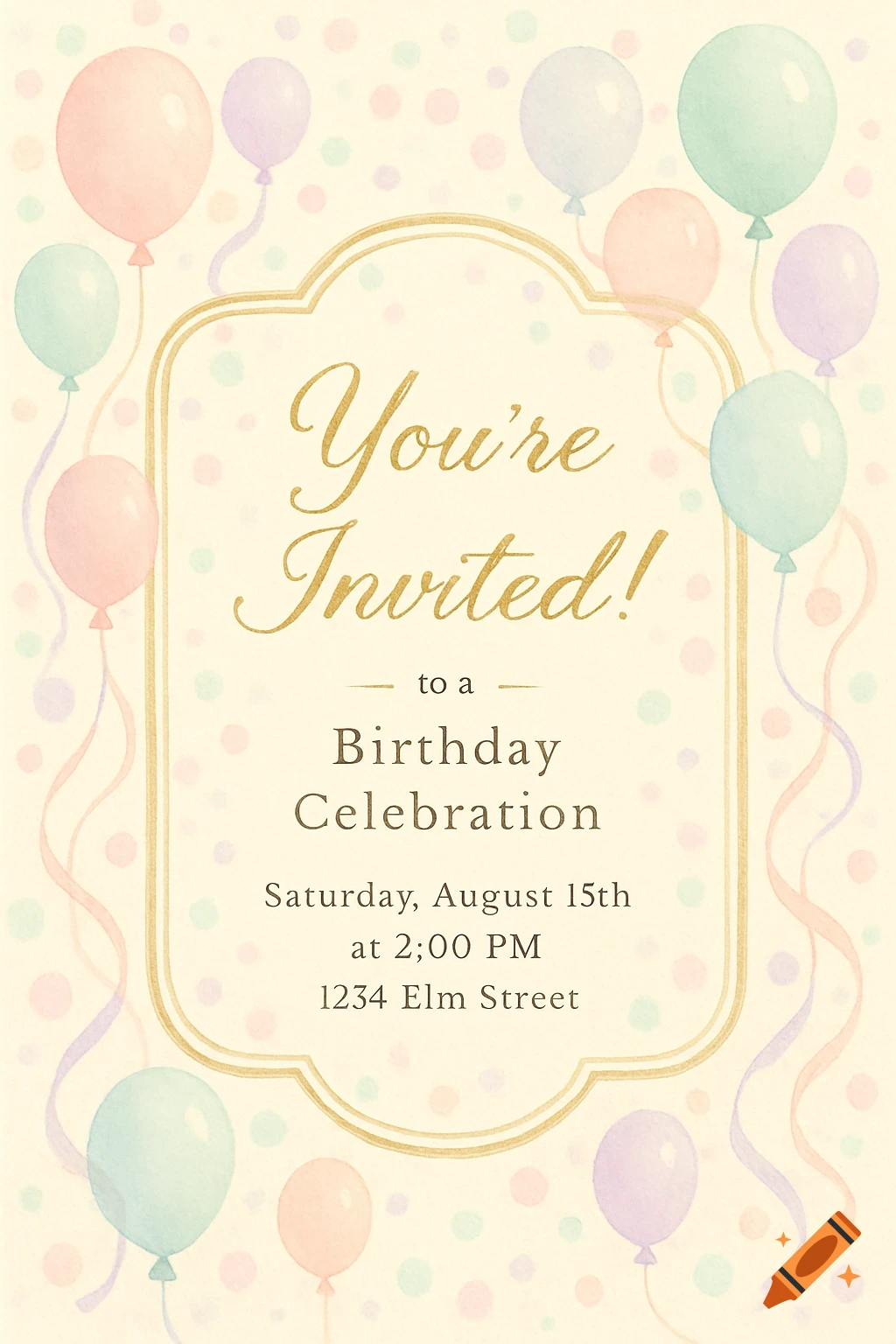 Watercolor birthday invitation card with pastel balloons, polka dots, and 'You're Invited!' text.