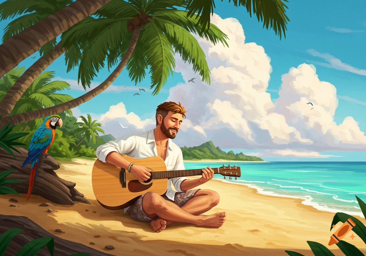 An illustrated scene of a man playing an acoustic guitar on a tropical beach with a parrot perched on a log.