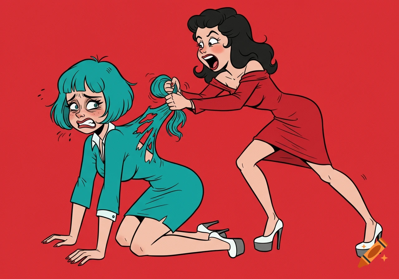 Cartoon of a distressed woman in a torn turquoise dress, on hands and knees, having her teal hair pulled by a woman in a red dress.