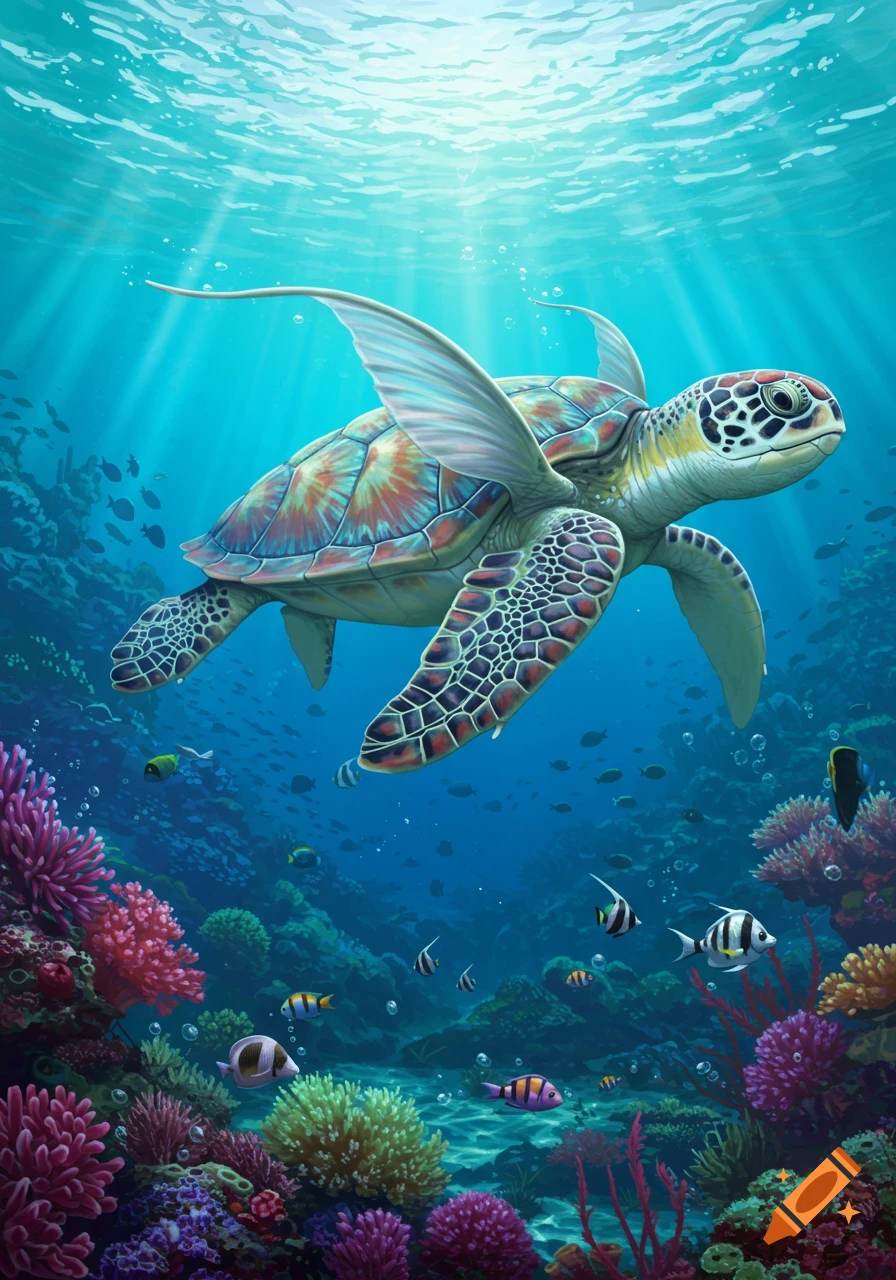 A vibrant sea turtle swims above a colorful coral reef, surrounded by schools of fish and sun rays in clear blue water.