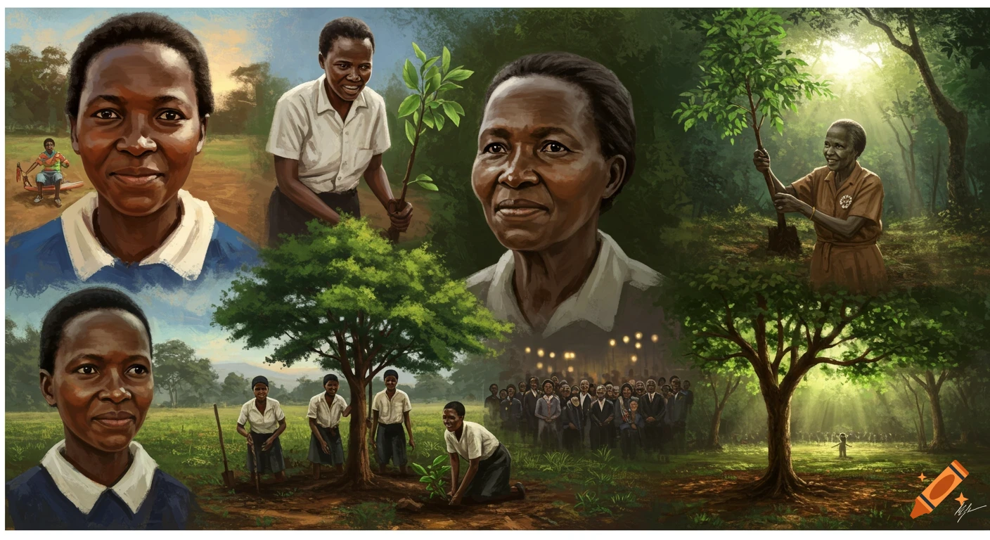 Illustrated collage depicting scenes from Wangari Maathai's life, including portraits, tree planting, and a Nobel Prize ceremony.