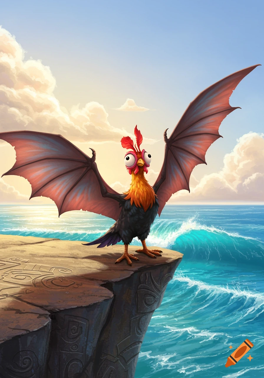 A cartoon rooster with large bat wings stands on a rocky cliff overlooking a vibrant blue ocean with waves under a bright sky.