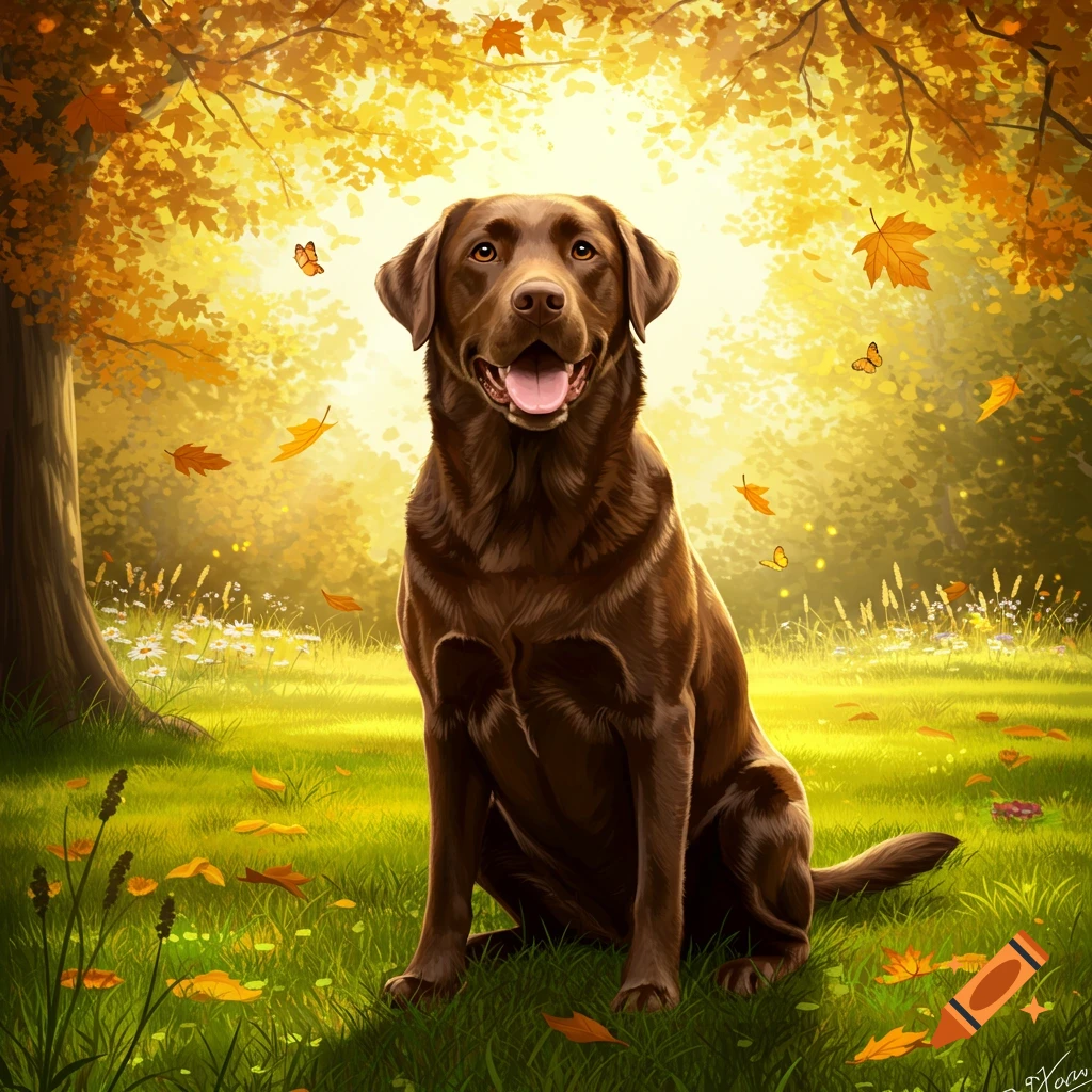 A chocolate Labrador dog sits in a vibrant, sunny autumn forest with orange leaves falling around it.