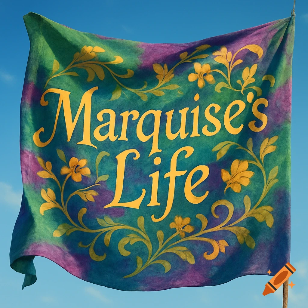 A colorful tie-dye banner with gold text 'Marquise's Life' against a blue sky.