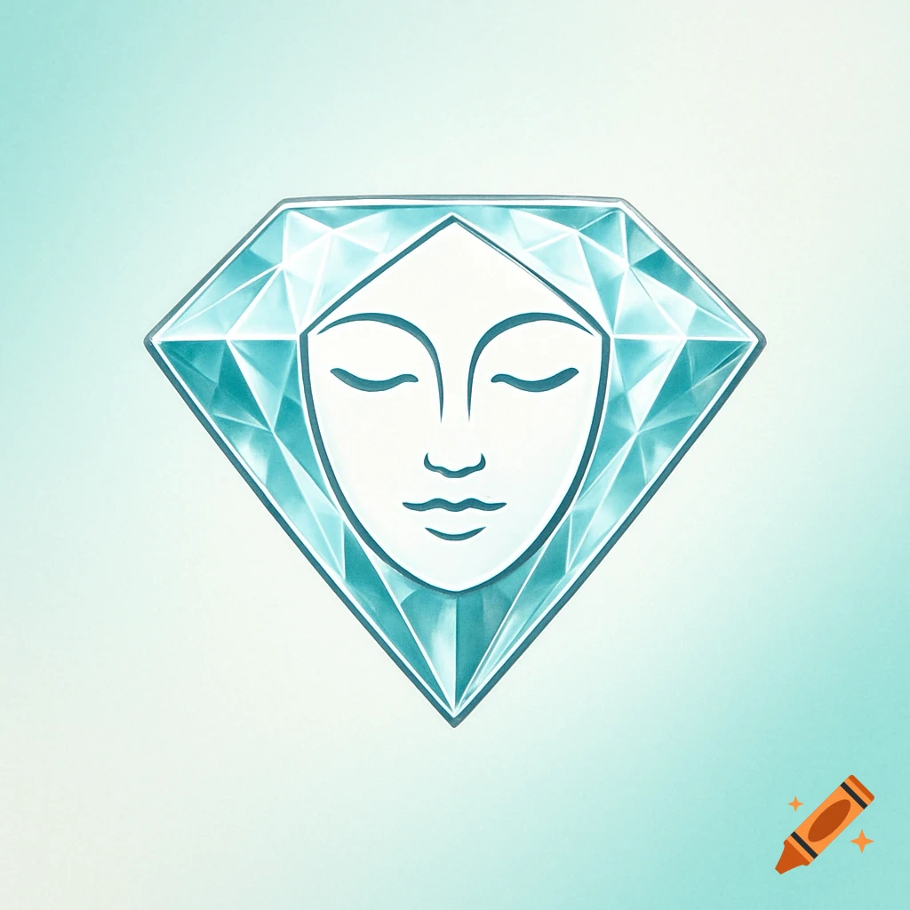 Minimalist blue-green diamond logo with a serene face inside on a gradient background.