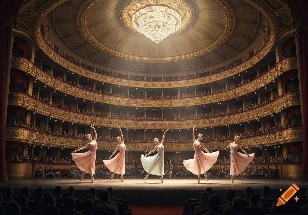 Five ballerinas in pink and white dresses perform on a stage in a grand, ornate theater with a large audience.