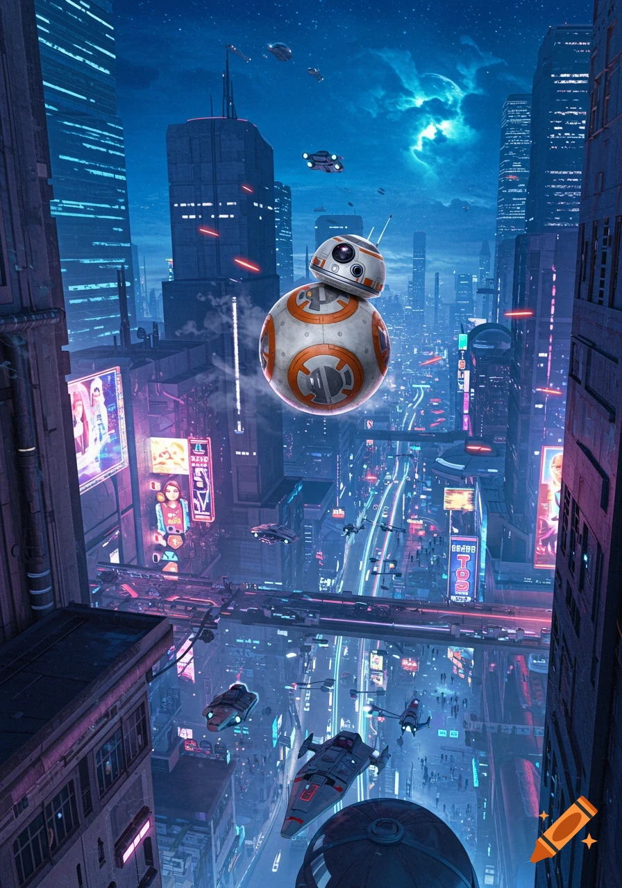 BB-8 floats above a bustling futuristic city with neon lights, flying vehicles, and towering skyscrapers at night.