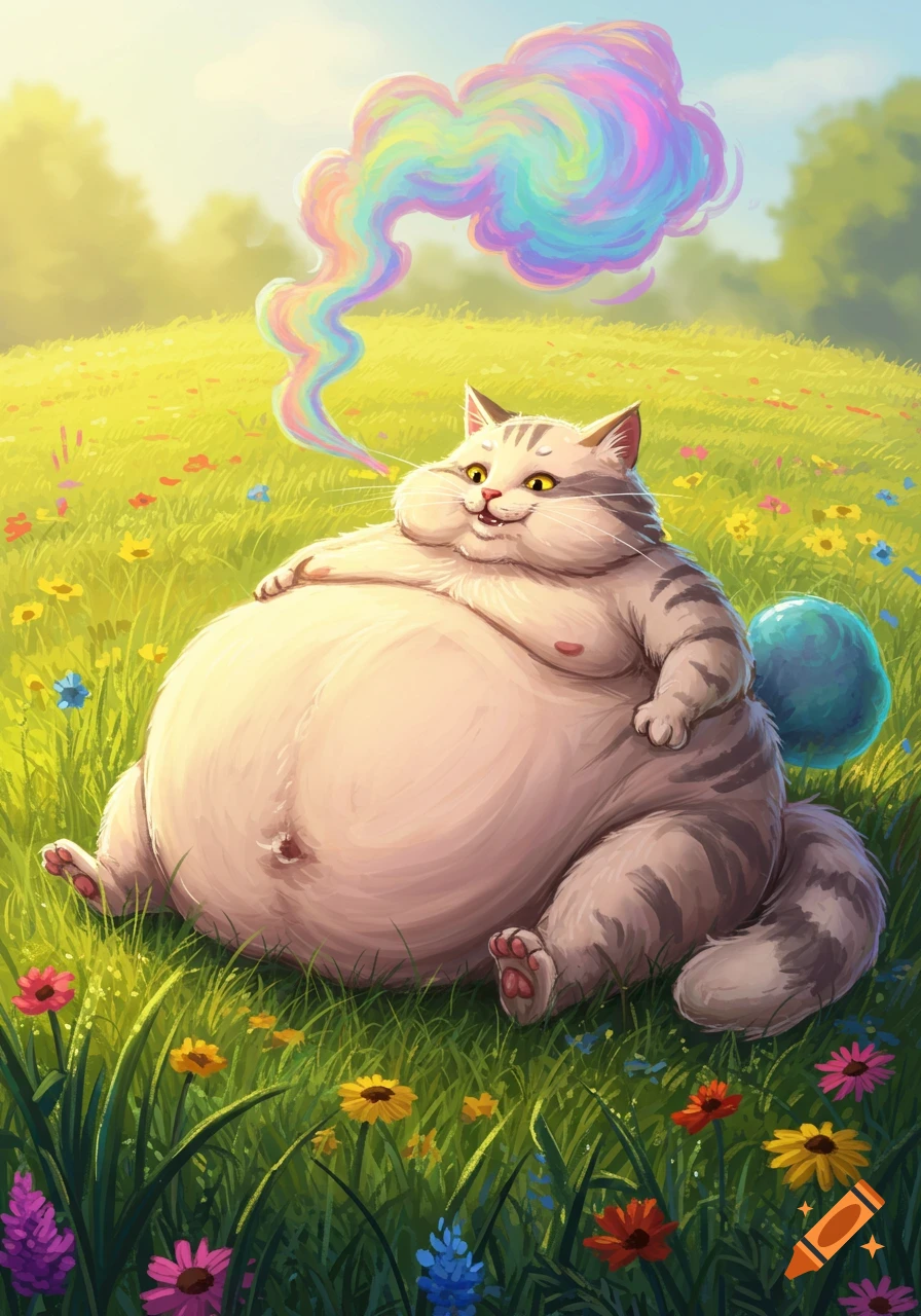 A very obese tabby cat with a huge belly sits in a sunny meadow among colorful flowers, exhaling rainbow-colored gas.