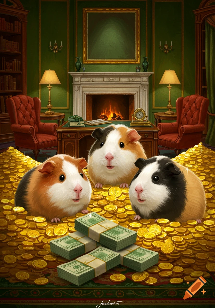 Three fluffy guinea pigs sit in a luxurious green room, surrounded by piles of gold coins and stacks of money bills. An open fireplace, armchairs, and bookshelves are in the background. Digital illustration.