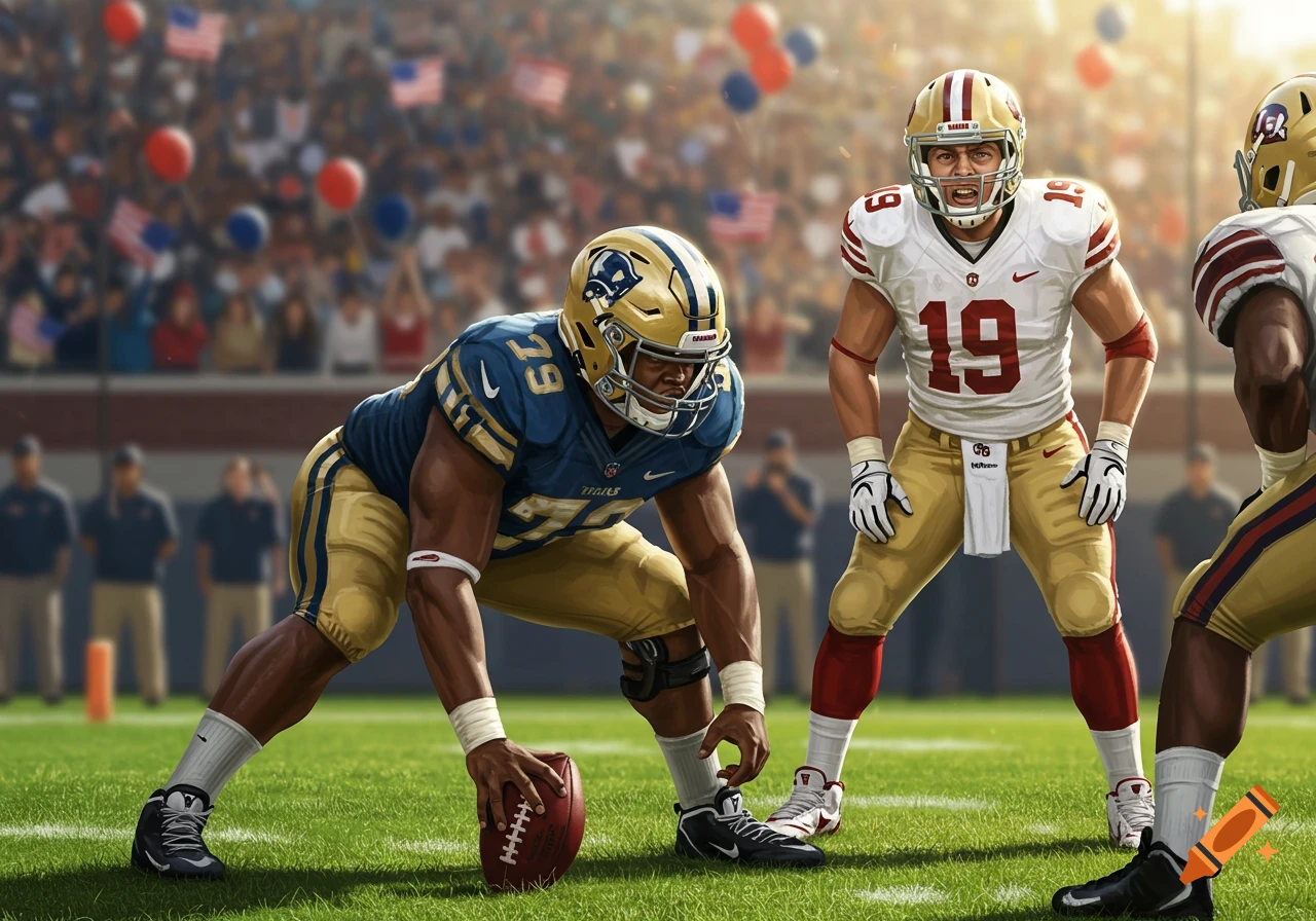 Photorealistic illustration of a football center in blue and gold, kneeling over the ball, with a quarterback making an aggressive face in a stadium.