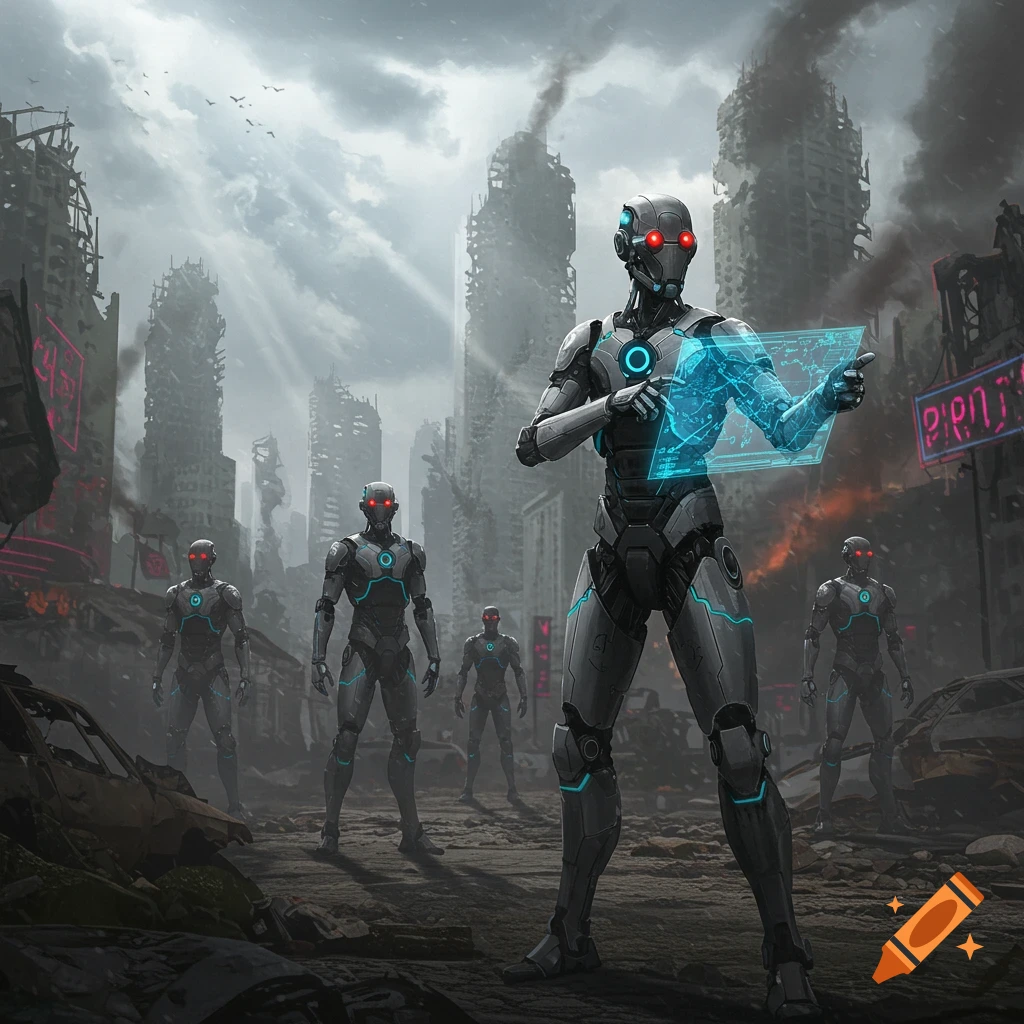 A group of futuristic robots with glowing red eyes and blue accents stands in a desolate, ruined city; one robot interacts with a holographic map.