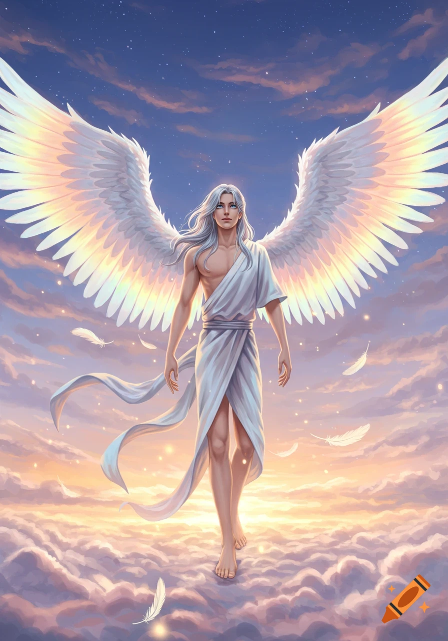 An anime male angel with long white hair and large white wings walks barefoot on clouds as feathers float around him in a pastel sky.