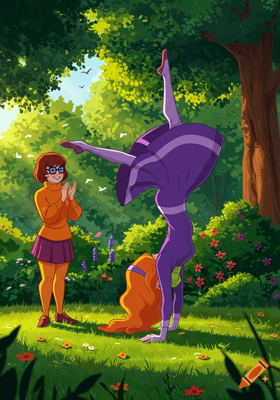 Velma from Scooby-Doo claps as Daphne does a handstand in a sunny green park with trees and flowers, in a cartoon style.