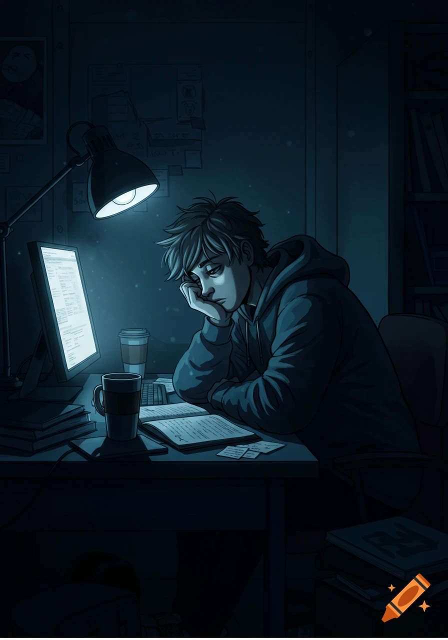 A tired, disheveled student in a hoodie leans on their hand at a desk, lit by a lamp and computer screen, with books and a coffee mug in an illustration.