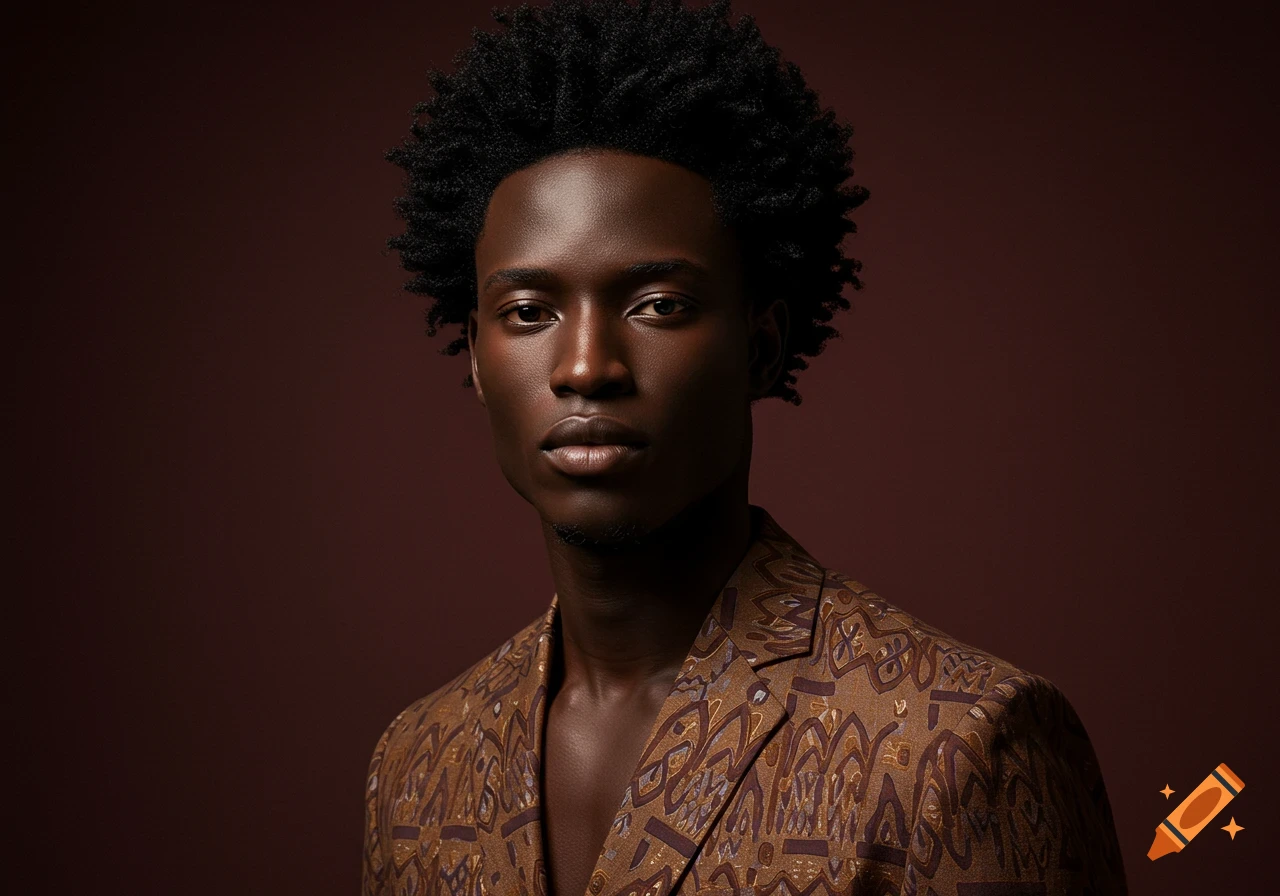 A photorealistic portrait of a young Black man with dark skin, curly hair, wearing a patterned brown jacket against a dark background.