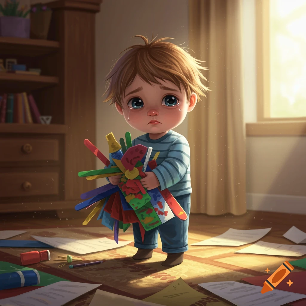 A sad, cartoon toddler with tears, holding a colorful art project amidst scattered papers on the floor of a sunny room.