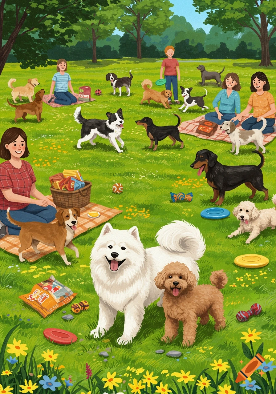 An illustrated scene of people and many dogs playing and picnicking in a sunny park.