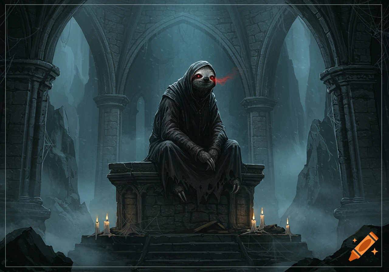 An ominous sloth monk with glowing red eyes sits on a stone altar in a dark, ruined gothic crypt, illuminated by candles.