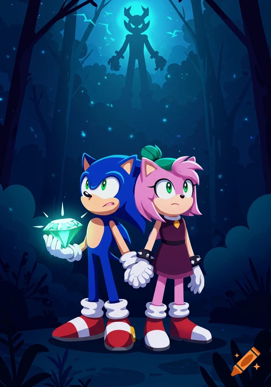 Sonic and Amy Rose hold hands, looking up at a glowing, shadowy figure in a dark forest. Sonic holds a Chaos Emerald.
