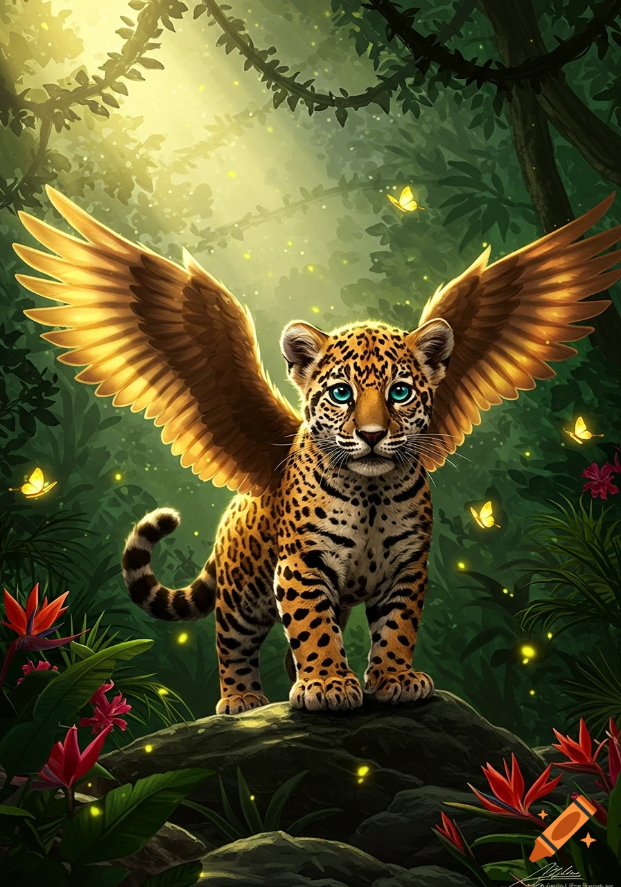 A cute, winged jaguar cub with bright blue eyes stands on a mossy rock in a sunlit jungle with glowing butterflies and exotic flowers.
