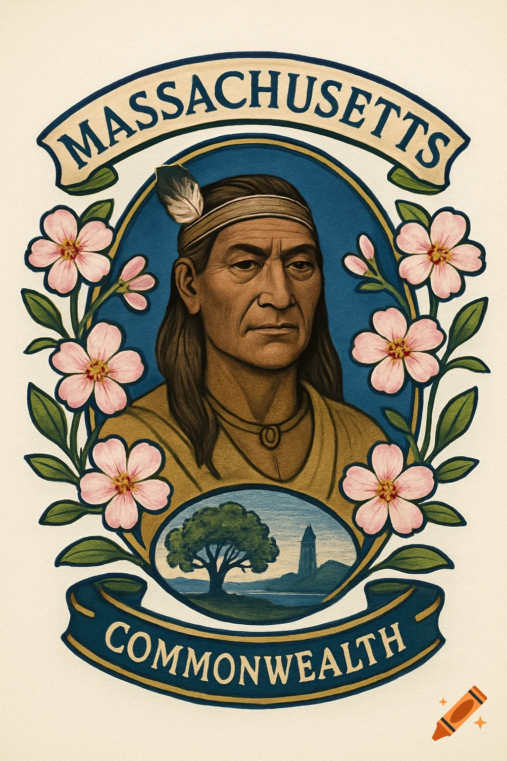 Vintage Massachusetts emblem featuring an indigenous leader, Mayflowers, an elm tree, and banners with 'MASSACHUSETTS COMMONWEALTH'.