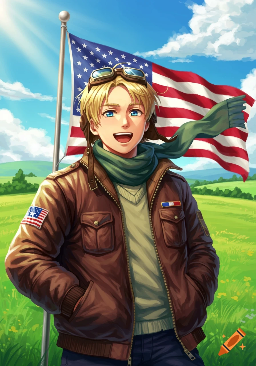 Smiling anime character in a brown pilot jacket, green scarf, and goggles, standing in front of a large American flag with rolling green hills and a sunny sky.
