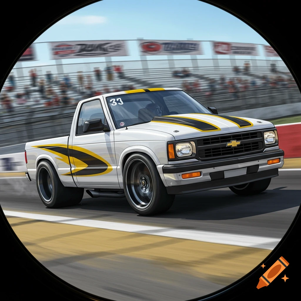A white, yellow, and black cartoon Chevy S10 race truck drives on a track, viewed through a circular vignette.