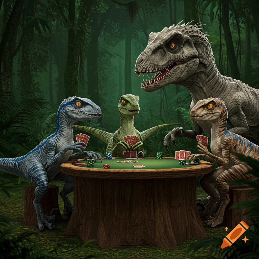 Photorealistic illustration of Blue, Charlie, Delta, Echo and Indominus Rex playing poker in a jungle, with the Indominus Rex cheating.