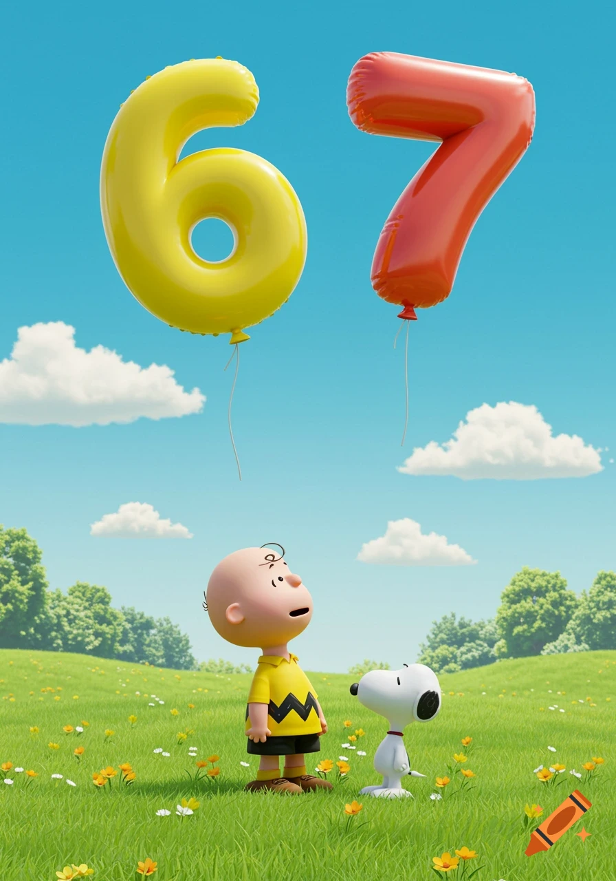 Charlie Brown and Snoopy in a field looking at yellow '6' and red '7' balloons in a bright blue sky, 3D animation.