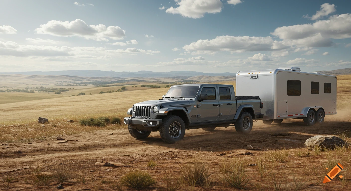 A grey Jeep Gladiator pickup truck drives off-road, towing a large silver trailer through a dry grassy landscape with hills under a cloudy sky.