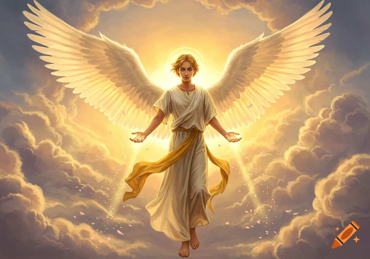 An angel with large white wings, a halo, and a white tunic floats gracefully among golden clouds, radiating light.