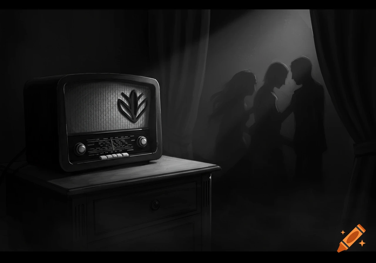 Monochrome image of an old radio on a nightstand, with shadowy figures of people in the dark background, depicted in a gothic horror noir style.