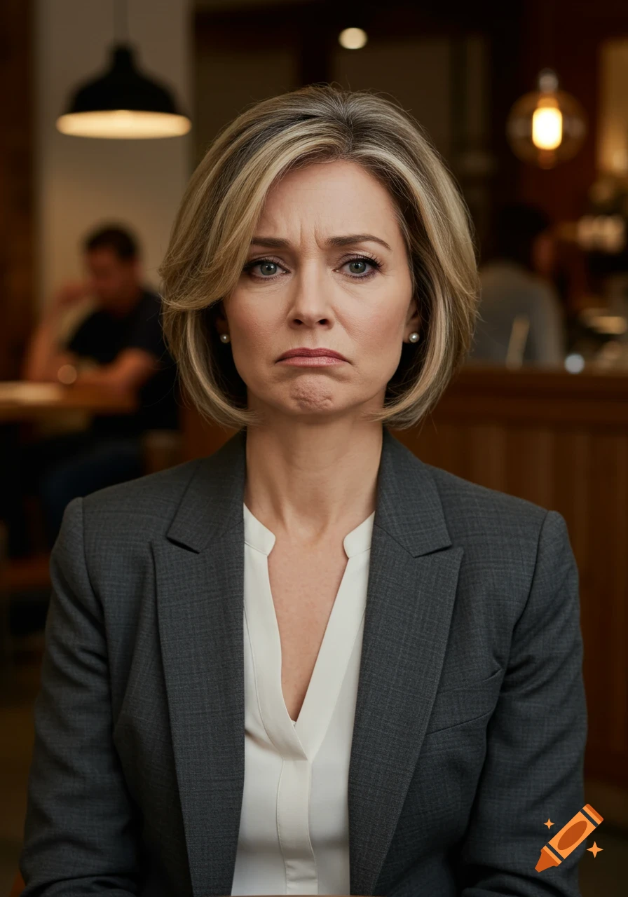 Photorealistic portrait of an annoyed woman with a blonde and grey bob haircut, wearing a grey blazer, in an indoor setting.