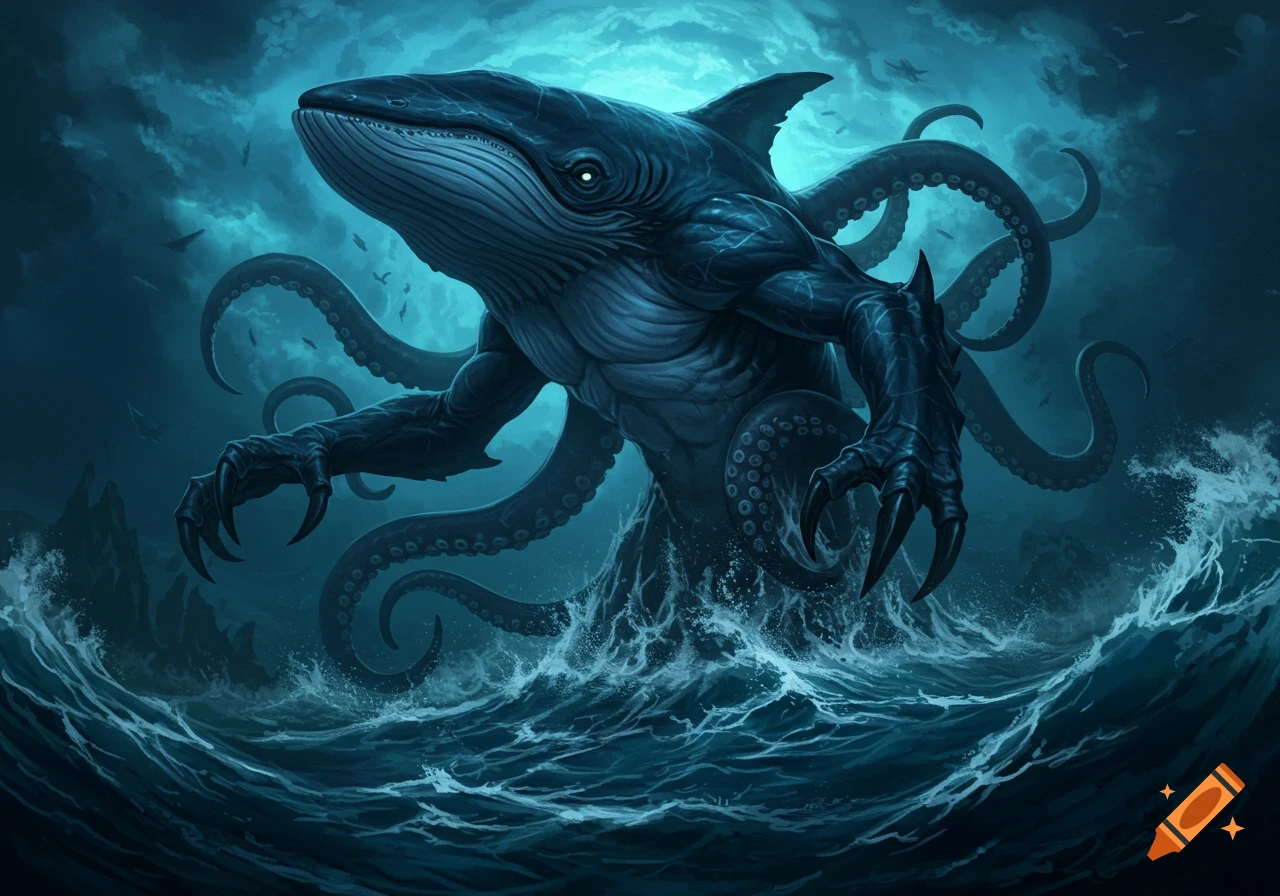 Dark blue eldritch sea monster, a hybrid of whale, shark, and octopus, with glowing eyes and claws emerging from stormy ocean waves.