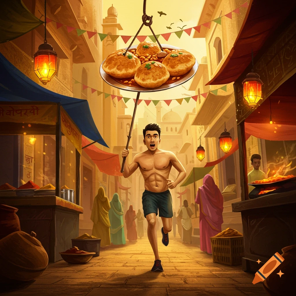 A stylized illustration of a shirtless man running through a colorful Indian market, chasing Chhole Bhature on a stick.