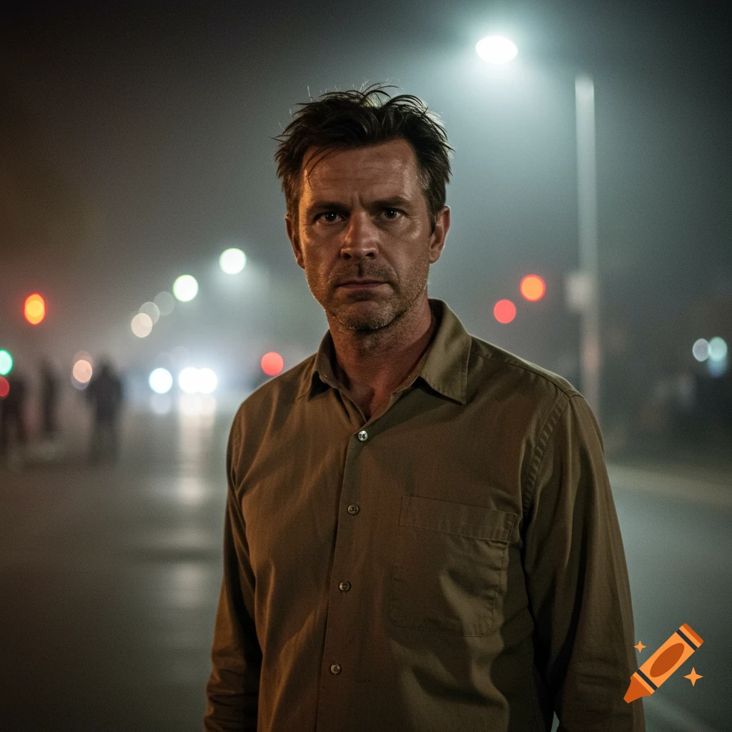 A photorealistic portrait of a stern Caucasian man in a tan shirt standing outside at night, with blurry streetlights and figures in the background.