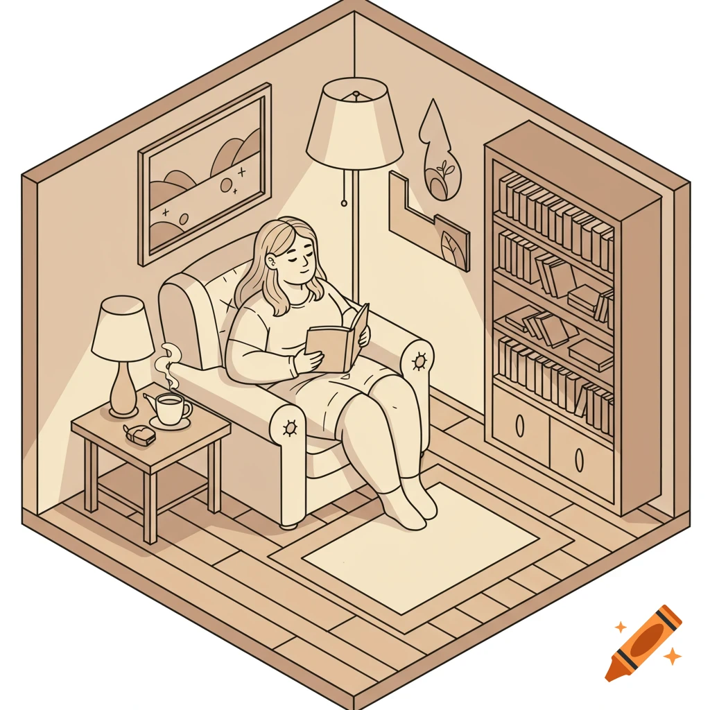 Line art isometric illustration of a plus-size girl reading in a cozy armchair with a cup of tea and a bookshelf in a room.