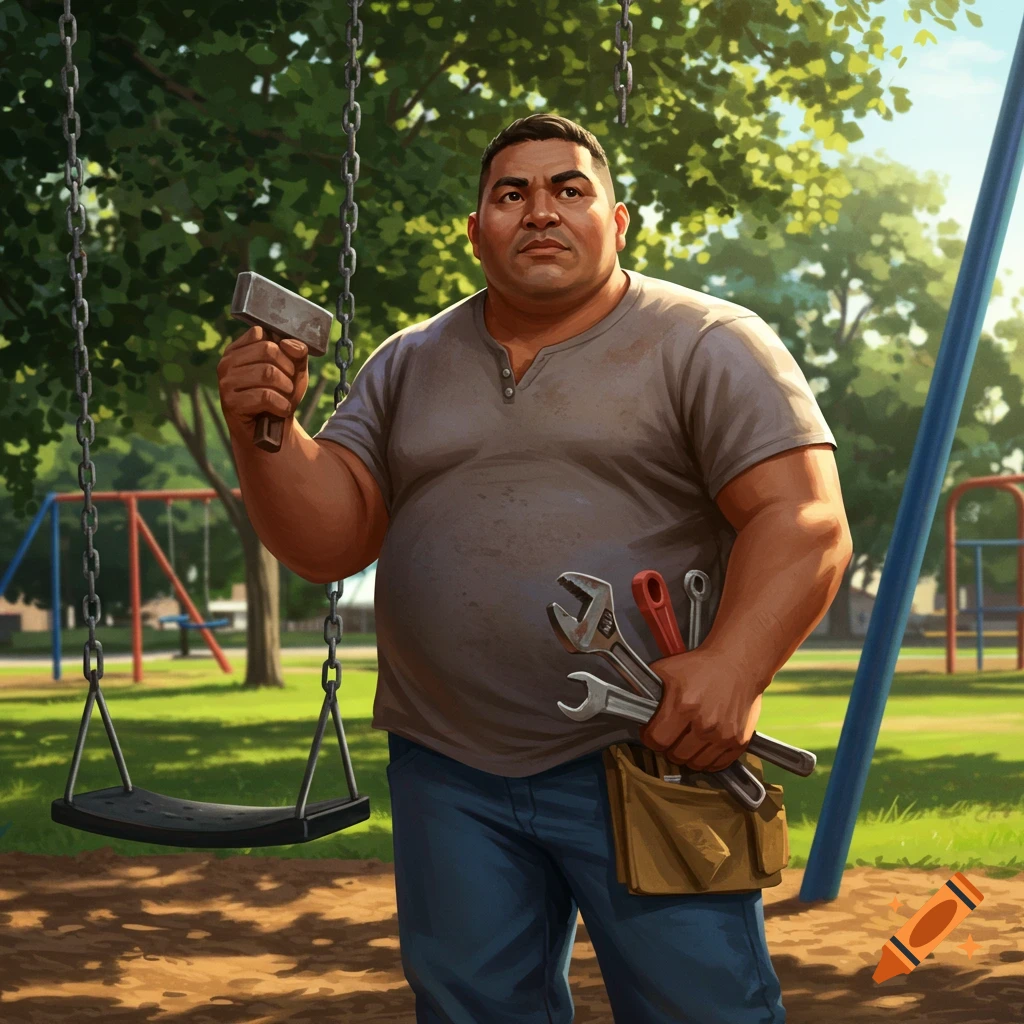 A heavyset Hispanic man holding a hammer-like tool and wrenches, standing in a park with a swingset.