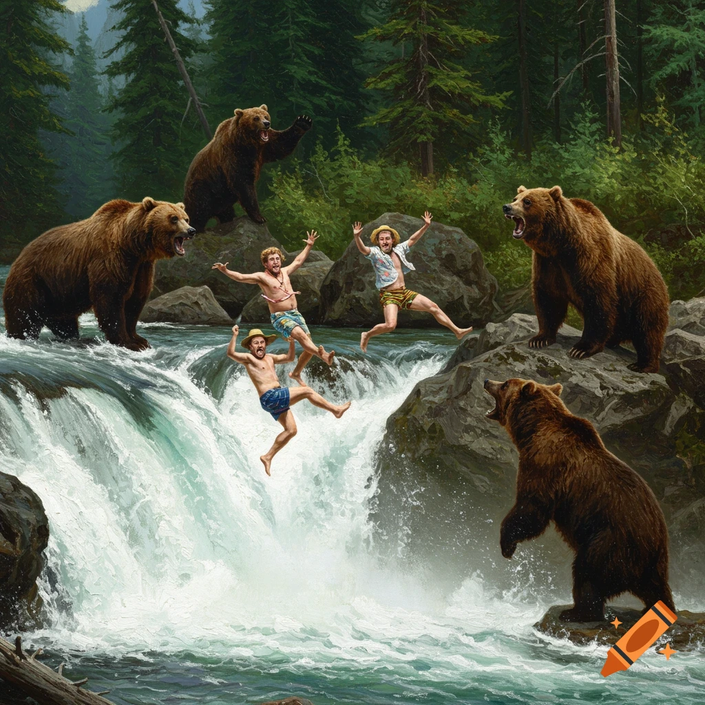 Painterly surreal scene of three men leaping up a rushing waterfall while large grizzly bears on rocks try to catch them like salmon.