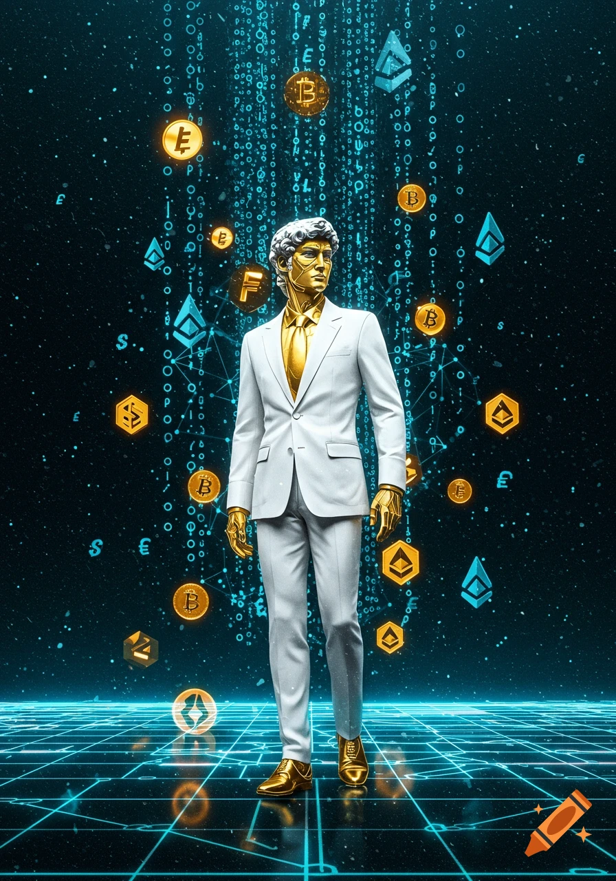 A gold-skinned man with a classical statue head in a white suit walks on a glowing grid, surrounded by falling binary code and cryptocurrency symbols.