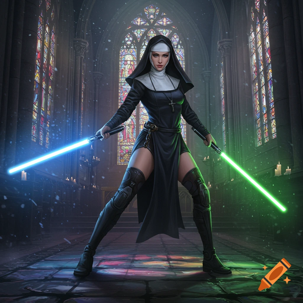 A nun in a high-slit habit and tactical gear stands dynamically in a cathedral, holding a blue and a green lightsaber. Digital art.