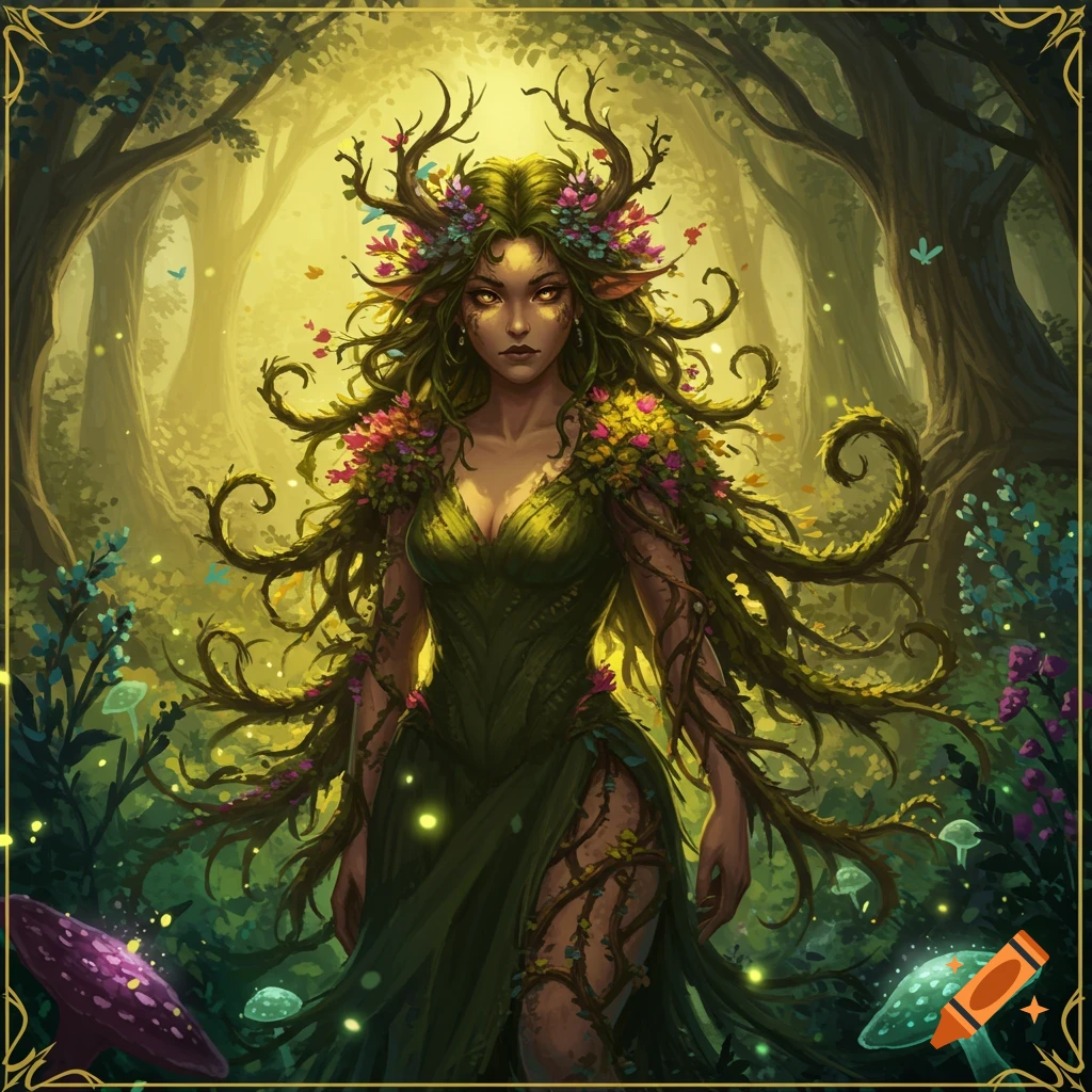 A fantasy painting of a nature spirit with glowing eyes, leafy hair and dress, and branches on her head, standing in a luminous forest.