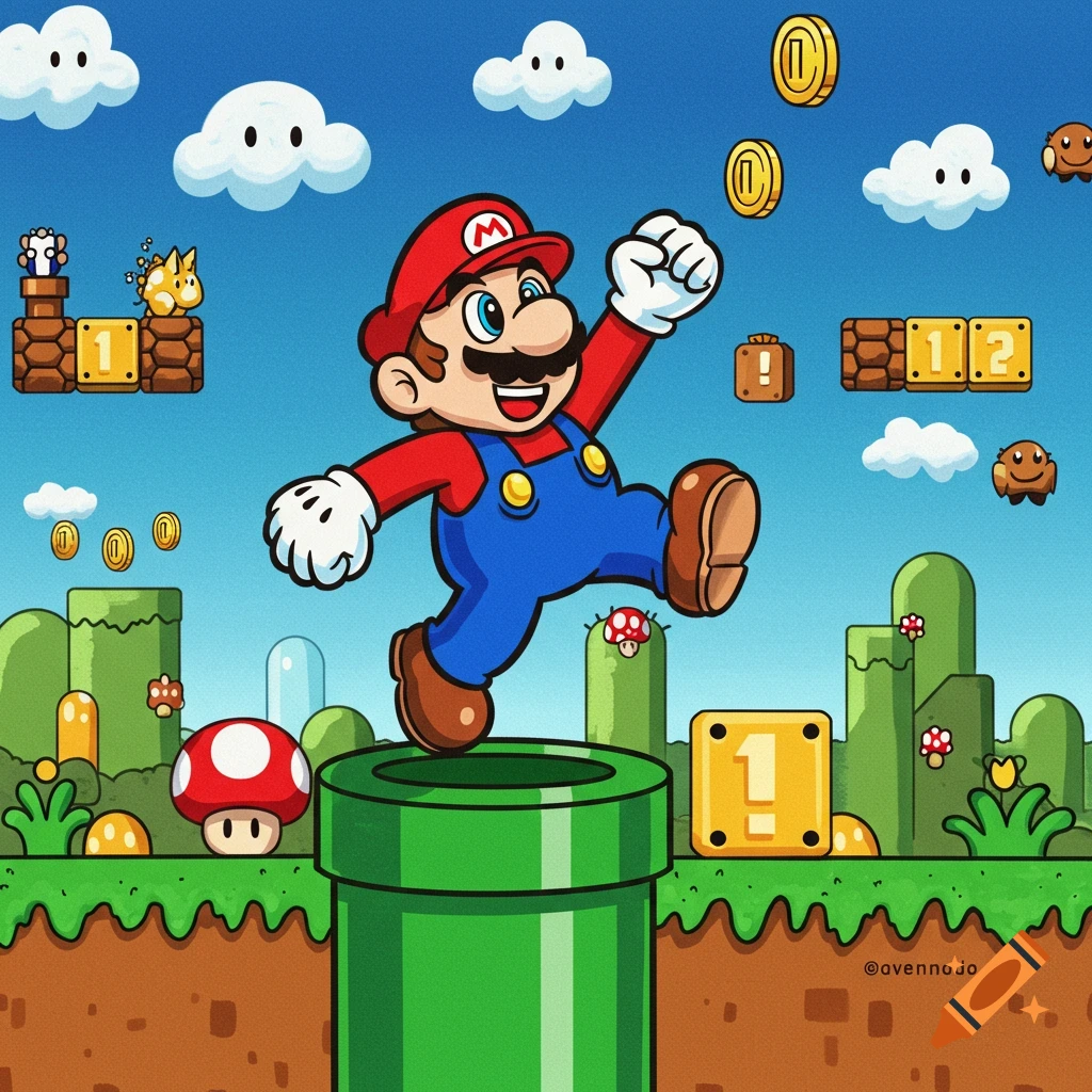 A cartoon illustration of Mario jumping in a vibrant Super Mario Bros. video game level with pipes, blocks, and enemies.