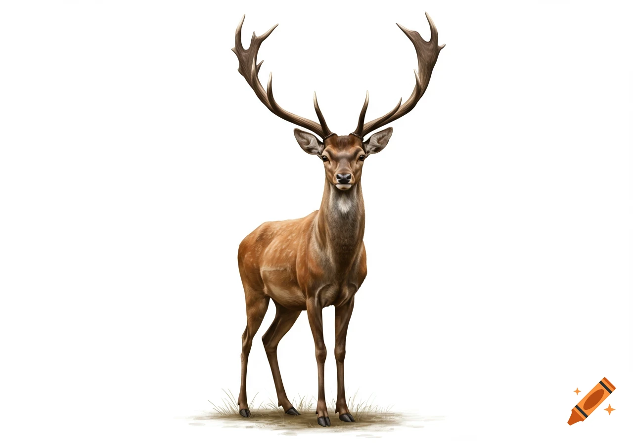 A full-body, photorealistic illustration of a male deer with large antlers standing on a small patch of grass, isolated on a white background.
