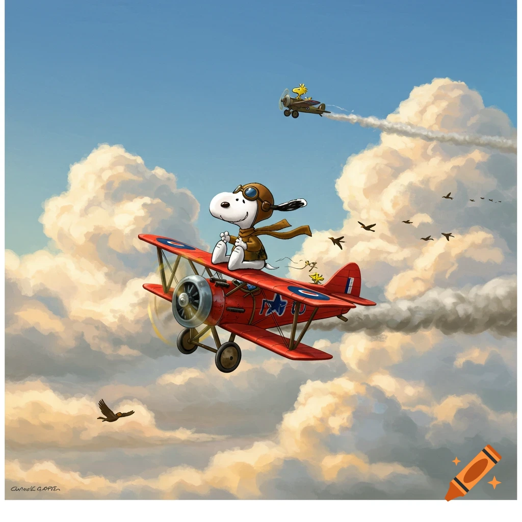 Snoopy as a WWI flying ace, wearing a helmet and scarf, sitting atop a red biplane in a cloudy sky. Woodstock flies on a small plane in the distance.