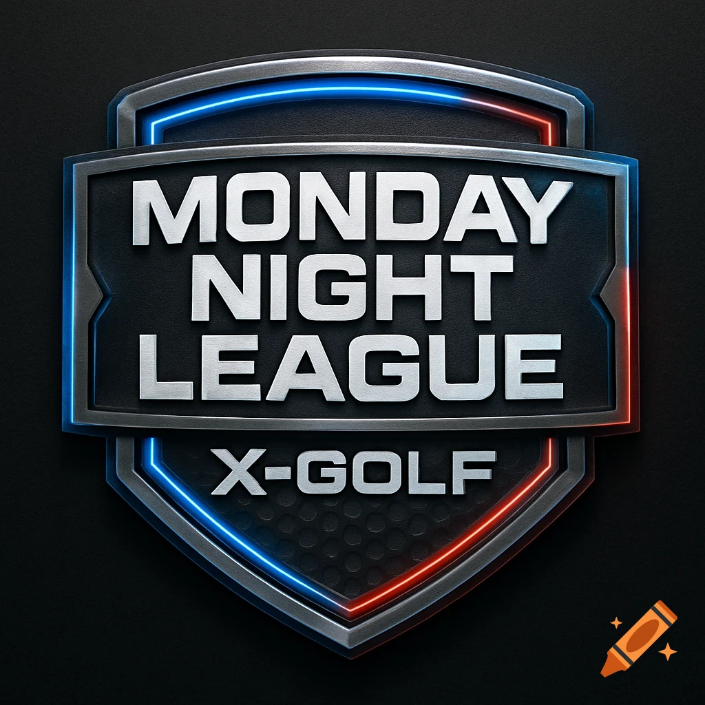 Metallic shield logo with glowing blue and red lines, displaying 'MONDAY NIGHT LEAGUE' and 'X-GOLF'.