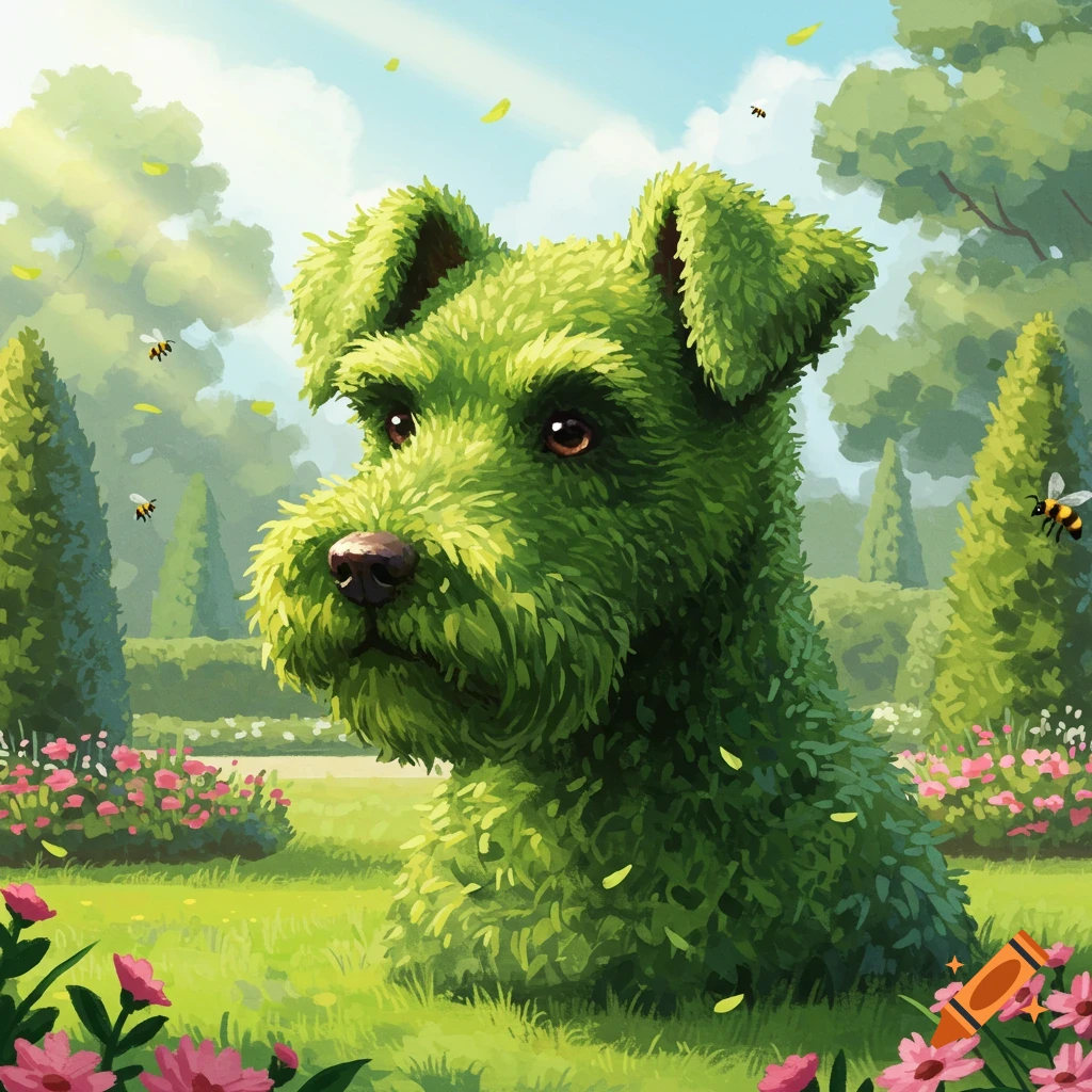 A whimsical schnauzer head topiary in a vibrant, sunny garden with pink flowers, green bushes, and bees flying around.