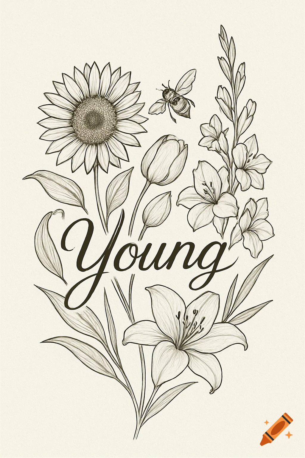 Line art drawing of a floral bouquet including sunflower, tulip, lily, and gladioli, with a bee and the word 'Young' in script.