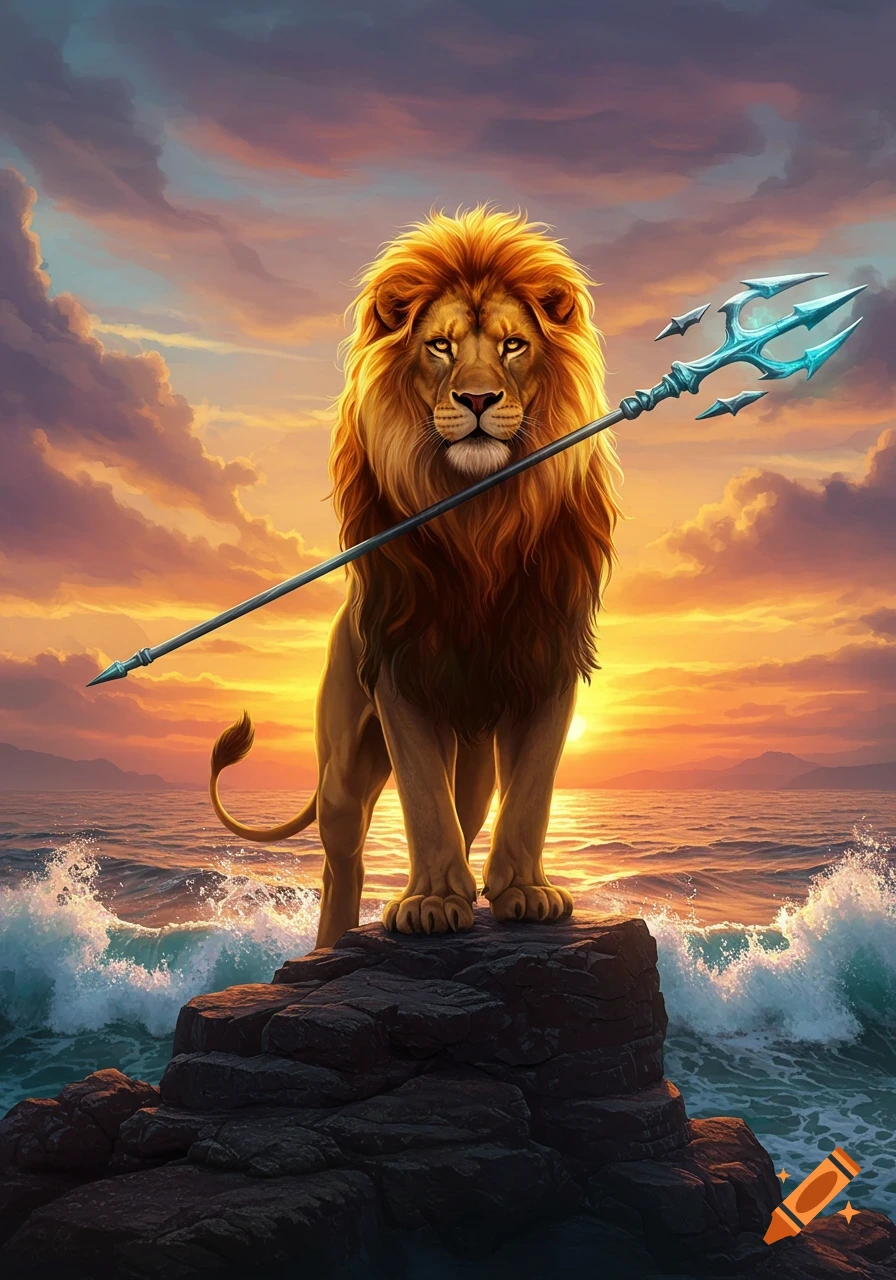 A majestic lion with a golden mane stands on a rock in the ocean, holding a glowing blue trident, against a vibrant sunset.